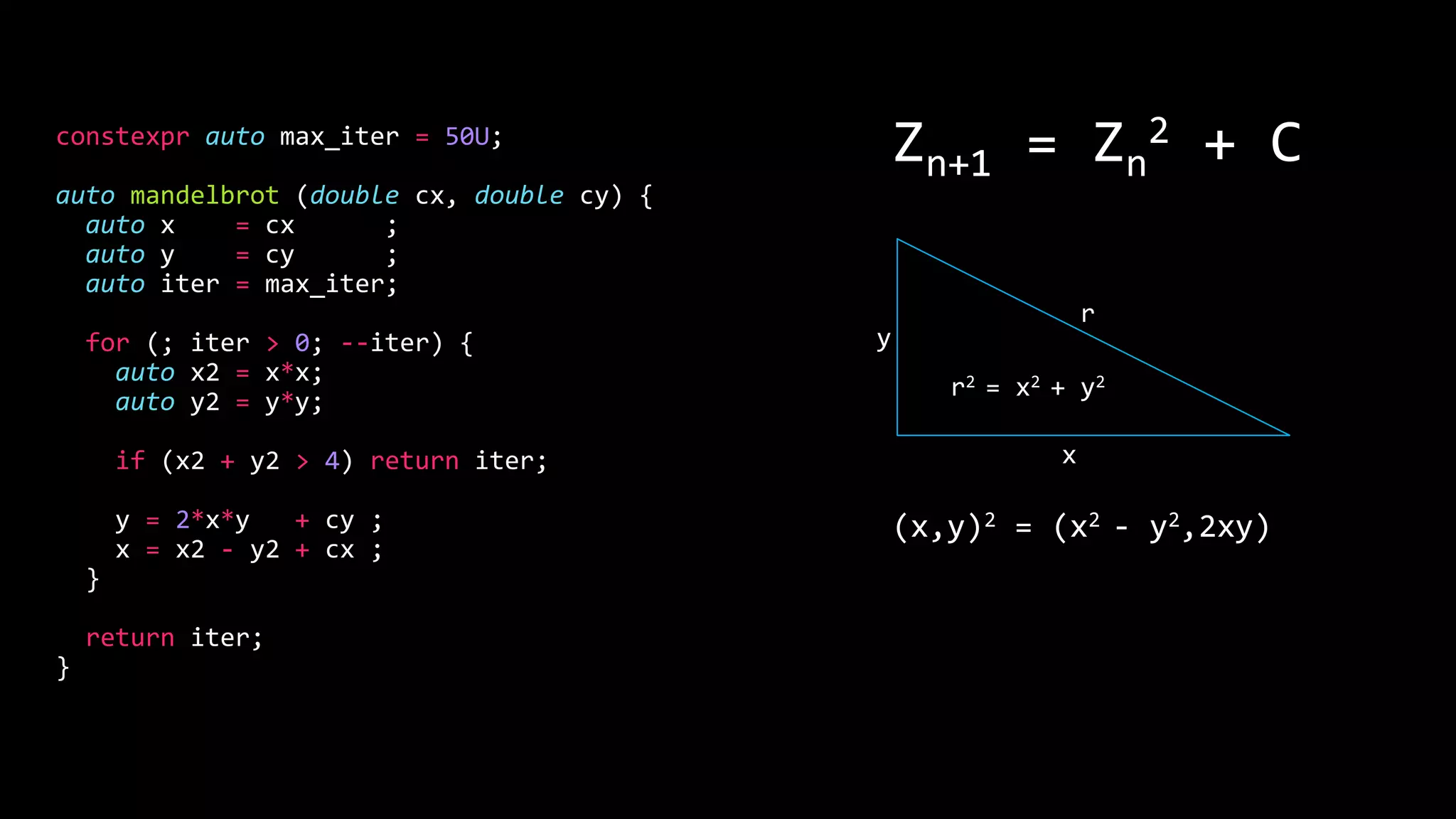 constexpr auto max_iter = 50U;
auto mandelbrot (double cx, double cy) {
auto x = cx ;
auto y = cy ;
auto iter = max_iter;
for (; iter > 0; --iter) {
auto x2 = x*x;
auto y2 = y*y;
if (x2 + y2 > 4) return iter;
y = 2*x*y + cy ;
x = x2 - y2 + cx ;
}
return iter;
}
r2 = x2 + y2
y
x
r
(x,y)2 = (x2 - y2,2xy)
Zn+1 = Zn
2 + C
 