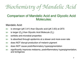 Biochemistry of Mandelic Acid
 Comparison of Mandelic Acid and Glycolic Acid
                  Molecules:
Mandelic Acid:
   is stronger (pK 3.41) than Glycolic acid (pK 3.83) at 25
   is larger (C8) than Glycolic Acid Molecule (C2)
   exhibits anti-microbial properties
   Is absorbed through epidermis at a slower and more even rate
   does NOT disrupt production of melanin pigment
   does NOT cause postinflammatory hyperpigmentation
   significantly improves melasma, postinflammatory hyperpigmentation,
    and lentigenes

                                                                   7
 