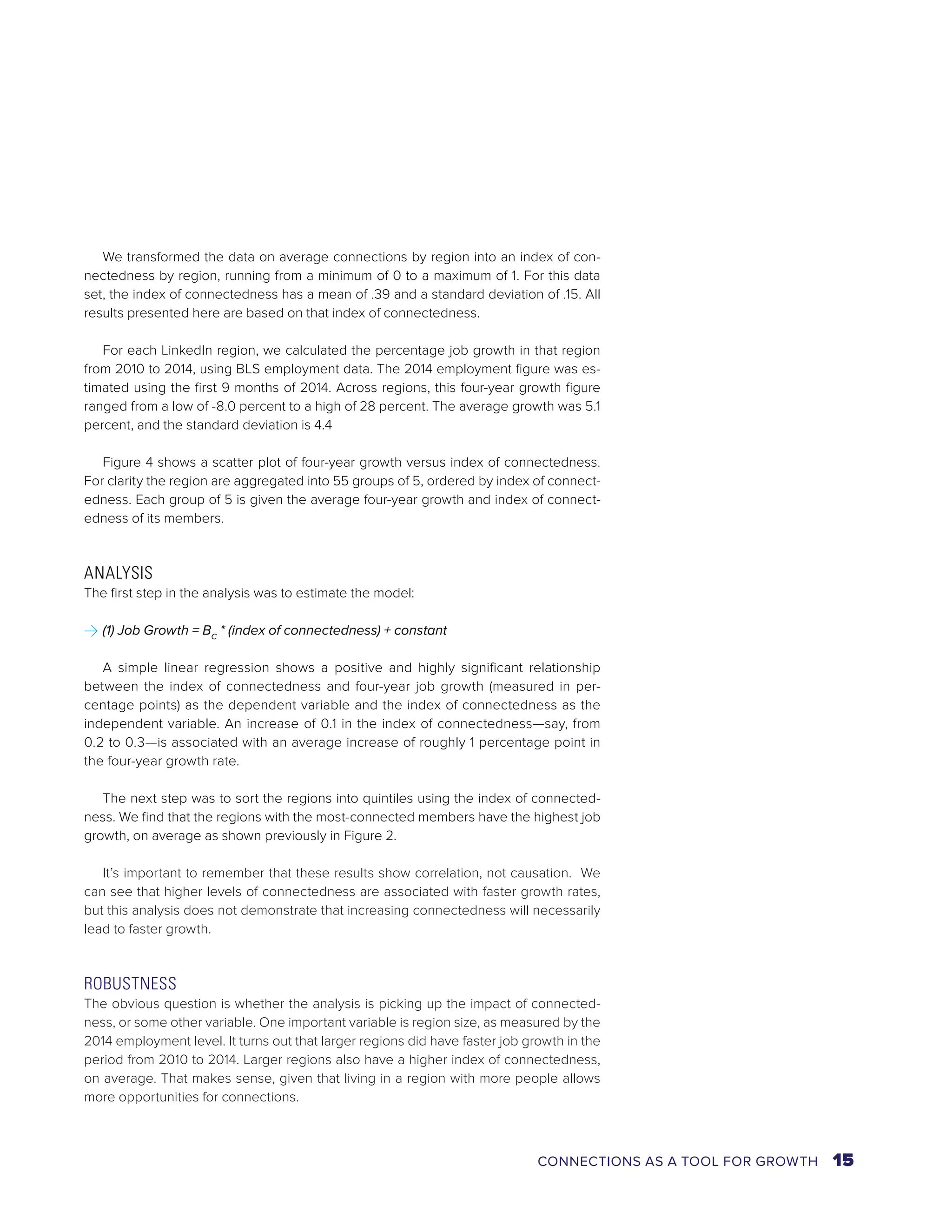 We transformed the data on average connections by region into an index of con-nectedness 
by region, running from a minimum of 0 to a maximum of 1. For this data 
set, the index of connectedness has a mean of .39 and a standard deviation of .15. All 
results presented here are based on that index of connectedness. 
For each LinkedIn region, we calculated the percentage job growth in that region 
from 2010 to 2014, using BLS employment data. The 2014 employment figure was es-timated 
using the first 9 months of 2014. Across regions, this four-year growth figure 
ranged from a low of -8.0 percent to a high of 28 percent. The average growth was 5.1 
percent, and the standard deviation is 4.4 
Figure 4 shows a scatter plot of four-year growth versus index of connectedness. 
For clarity the region are aggregated into 55 groups of 5, ordered by index of connect-edness. 
Each group of 5 is given the average four-year growth and index of connect-edness 
of its members. 
ANALYSIS 
The first step in the analysis was to estimate the model: 
>>(1) Job Growth = BC * (index of connectedness) + constant 
A simple linear regression shows a positive and highly significant relationship 
between the index of connectedness and four-year job growth (measured in per-centage 
points) as the dependent variable and the index of connectedness as the 
independent variable. An increase of 0.1 in the index of connectedness—say, from 
0.2 to 0.3—is associated with an average increase of roughly 1 percentage point in 
the four-year growth rate. 
The next step was to sort the regions into quintiles using the index of connected-ness. 
We find that the regions with the most-connected members have the highest job 
growth, on average as shown previously in Figure 2. 
It’s important to remember that these results show correlation, not causation. We 
can see that higher levels of connectedness are associated with faster growth rates, 
but this analysis does not demonstrate that increasing connectedness will necessarily 
lead to faster growth. 
ROBUSTNESS 
The obvious question is whether the analysis is picking up the impact of connected-ness, 
or some other variable. One important variable is region size, as measured by the 
2014 employment level. It turns out that larger regions did have faster job growth in the 
period from 2010 to 2014. Larger regions also have a higher index of connectedness, 
on average. That makes sense, given that living in a region with more people allows 
more opportunities for connections. 
CONNECTIONS AS A TOOL FOR GROWTH 15 
 