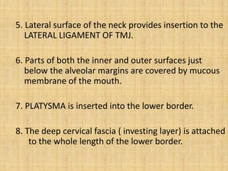 5. Lateral surface of the neck provides insertion to the
LATERAL LIGAMENT OF TMJ.
6. Parts of both the inner and outer surfaces just
below the alveolar margins are covered by mucous
membrane of the mouth.
7. PLATYSMA is inserted into the lower border.
8. The deep cervical fascia ( investing layer) is attached
to the whole length of the lower border.
 