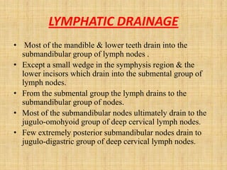 LYMPHATIC DRAINAGE
• Most of the mandible & lower teeth drain into the
submandibular group of lymph nodes .
• Except a small wedge in the symphysis region & the
lower incisors which drain into the submental group of
lymph nodes.
• From the submental group the lymph drains to the
submandibular group of nodes.
• Most of the submandibular nodes ultimately drain to the
jugulo-omohyoid group of deep cervical lymph nodes.
• Few extremely posterior submandibular nodes drain to
jugulo-digastric group of deep cervical lymph nodes.
 
