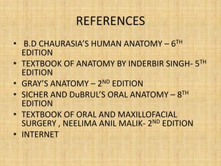 REFERENCES
• B.D CHAURASIA’S HUMAN ANATOMY – 6TH
EDITION
• TEXTBOOK OF ANATOMY BY INDERBIR SINGH- 5TH
EDITION
• GRAY’S ANATOMY – 2ND EDITION
• SICHER AND DuBRUL’S ORAL ANATOMY – 8TH
EDITION
• TEXTBOOK OF ORAL AND MAXILLOFACIAL
SURGERY , NEELIMA ANIL MALIK- 2ND EDITION
• INTERNET
 