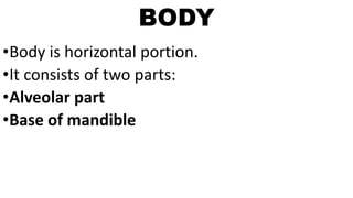 BODY
•Body is horizontal portion.
•It consists of two parts:
•Alveolar part
•Base of mandible
 