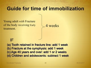 Young adult with Fracture
of the body receiving Early
treatment.
4 weeks
Guide for time of immobilization
08-03-2017Mandibular Fractures 46
(a) Tooth retained in fracture line: add 1 week
(b) Fracture at the symphysis: add 1 week
(c) Age 40 years and over: add 1 or 2 weeks
(d) Children and adolescents: subtract 1 week
IF
 