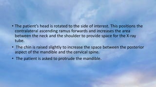 • The patient’s head is rotated to the side of interest. This positions the
contralateral ascending ramus forwards and increases the area
between the neck and the shoulder to provide space for the X-ray
tube.
• The chin is raised slightly to increase the space between the posterior
aspect of the mandible and the cervical spine.
• The patient is asked to protrude the mandible.
 