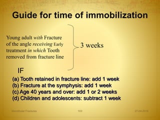 Young adult with Fracture
of the angle receiving Early
treatment in which Tooth
removed from fracture line
3 weeks
Guide for time of immobilization
27-04-2016Mandibular Fractures 103
(a) Tooth retained in fracture line: add 1 week
(b) Fracture at the symphysis: add 1 week
(c) Age 40 years and over: add 1 or 2 weeks
(d) Children and adolescents: subtract 1 week
IF
 