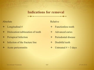 Absolute
 Longitudinal #
 Dislocation/subluxation of tooth
 Periapical Infection
 Infection of the fracture line
 Acute pericoronitis
Relative
 Functionless tooth
 Advanced caries
 Periodontal disease
 Doubtful teeth
 Untreated # > 3 days
27-04-2016Mandibular Fractures 107
Indications for removal
 