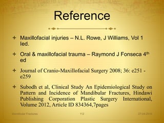 Reference
 Maxillofacial injuries – N.L. Rowe, J Williams, Vol 1
Ied.
 Oral & maxillofacial trauma – Raymond J Fonseca 4th
ed
 Journal of Cranio-Maxillofacial Surgery 2008; 36: e251 -
e259
 Subodh et al, Clinical Study An Epidemiological Study on
Pattern and Incidence of Mandibular Fractures, Hindawi
Publishing Corporation Plastic Surgery International,
Volume 2012, Article ID 834364,7pages
27-04-2016Mandibular Fractures 112
 