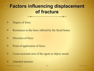 Factors influencing displacement
of fracture
 Degree of force
 Resistance to the force offered by the facial bones
 Direction of force
 Point of application of force
 Cross-sectional area of the agent or object struck
 Attached muscles
27-04-2016Mandibular Fractures 15
 