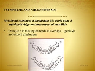 # SYMPHYSIS AND PARASYMPHYSIS:-
Mylohyoid constitues a diaphragm b/w hyoid bone &
mylohyoid ridge on inner aspect of mandible
• Oblique # in this region tends to overlaps -- genio &
mylohyoid diaphragm
27-04-2016Mandibular Fractures 16
 