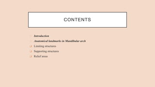 CONTENTS
⮚ Introduction
⮚ Anatomical landmarks in Mandibular arch
❑ Limiting structures
❑ Supporting structures
❑ Relief areas
 
