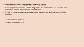 SUPPORTING STRUCTURES/ STRESS BEARING AREAS
• Supporting structures are the load bearing areas. The denture should be designed such
that most of the load is concentrated on these areas.
• Support is the resistance to the displacement towards the basal tissue or underlying
structures.
 Buccal shelf area (primary)
 Alveolar ridge (secondary)
 