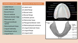 Labial frenum
Labial vestibule
Buccal frenum
Buccal vestibule
Residual alveolar ridge
Retromolar pad
Pterygomandibular
raphae
Retromylohyoid fossa
Lingual tuberosity
Alveolingual sulcus
Lingual freum
 Labial notch
 Labial flange
 Buccal notch
 Buccal flange
 Alveolar groove
 Retromolar fossa
 Pterygomandibular notch
 Retromylohyoid eminence
 Lingual tubercular fossa
 Lingual flange
 Lingual notch
Landmarks in the oral
cavity
Landmarks on the impression
 