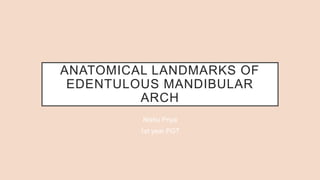ANATOMICAL LANDMARKS OF
EDENTULOUS MANDIBULAR
ARCH
Nishu Priya
1st year PGT
 