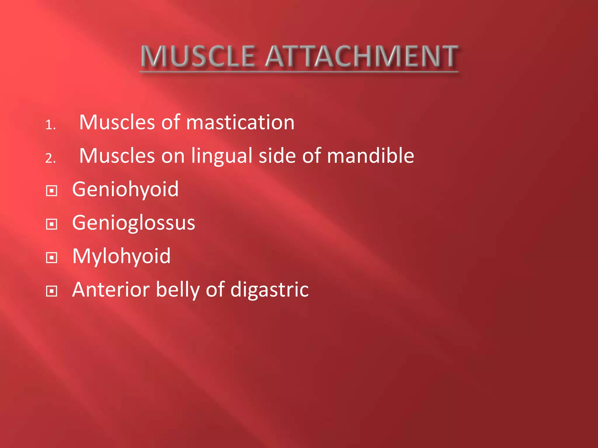 1. Muscles of mastication
2. Muscles on lingual side of mandible
 Geniohyoid
 Genioglossus
 Mylohyoid
 Anterior belly of digastric
 