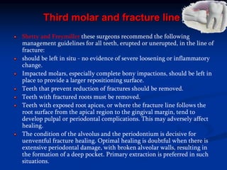 Third molar and fracture line
Shetty and Freymiller these surgeons recommend the following
management guidelines for all teeth, erupted or unerupted, in the line of
fracture:
should be left in situ - no evidence of severe loosening or inflammatory
change.
Impacted molars, especially complete bony impactions, should be left in
place to provide a larger repositioning surface.
Teeth that prevent reduction of fractures should be removed.
Teeth with fractured roots must be removed.
Teeth with exposed root apices, or where the fracture line follows the
root surface from the apical region to the gingival margin, tend to
develop pulpal or periodontal complications. This may adversely affect
healing.
The condition of the alveolus and the periodontium is decisive for
uenventful fracture healing. Optimal healing is doubtful when there is
extensive periodontal damage, with broken alveolar walls, resulting in
the formation of a deep pocket. Primary extraction is preferred in such
situations.
 
