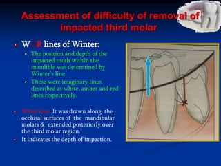 Assessment of difficulty of removal of
impacted third molar
WAR lines of Winter:
The position and depth of the
impacted tooth within the
mandible was determined by
Winter’s line.
These were imaginary lines
described as white, amber and red
lines respectively.
White line: It was drawn along the
occlusal surfaces of the mandibular
molars & extended posteriorly over
the third molar region.
It indicates the depth of impaction.
 