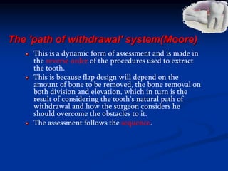 The 'path of withdrawal' system(Moore)
This is a dynamic form of assessment and is made in
the reverse order of the procedures used to extract
the tooth.
This is because flap design will depend on the
amount of bone to be removed, the bone removal on
both division and elevation, which in turn is the
result of considering the tooth's natural path of
withdrawal and how the surgeon considers he
should overcome the obstacles to it.
The assessment follows the sequence.
 