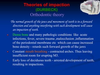 Theories of impaction
(DURBECK)
Orthodontic theory
The normal growth of the jaws and movement of teeth is in a forward
direction and anything interfering with such development will cause
an impaction of teeth.
Dense bone and many pathologic conditions like acute
infections, fever, severe trauma ,malocclusion ,inflammation
of the periodontal membrane etc which can cause increased
bone density - retards such forward growth of the jaws
Constant mouth breathing - contracted arches. Thus leaving
insufficient room for erupting M3.
Early loss of deciduous teeth - arrested development of teeth,
resulting in impactions.
 
