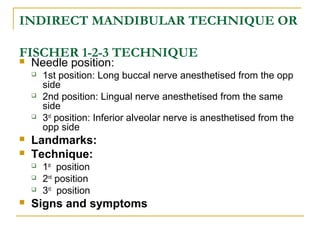 INDIRECT MANDIBULAR TECHNIQUE OR
FISCHER 1-2-3 TECHNIQUE


Needle position:









Landmarks:
Technique:






1st position: Long buccal nerve anesthetised from the opp
side
2nd position: Lingual nerve anesthetised from the same
side
3rd position: Inferior alveolar nerve is anesthetised from the
opp side

1st position
2nd position
3rd position

Signs and symptoms

 