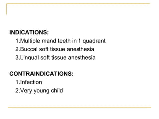 INDICATIONS:
1.Multiple mand teeth in 1 quadrant
2.Buccal soft tissue anesthesia
3.Lingual soft tissue anesthesia
CONTRAINDICATIONS:
1.Infection
2.Very young child

 