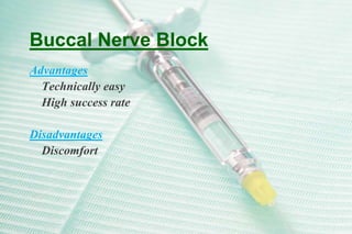 Mental Nerve Block
Advantages
Easy, high success rate
Usually atraumatic
Disadvantage
Hematoma
 