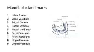 Mandibular land marks
1. Labial frenum
2. Labial vestibule
3. Buccal frenum
4. Buccal vestibule
5. Buccal shelf area
6. Retromolar pad
7. Pear shaped pad
8. Lingual frenum
9. Lingual vestibule
 