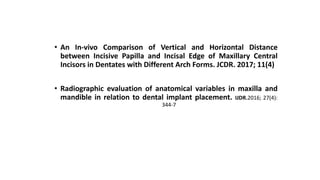 • An In-vivo Comparison of Vertical and Horizontal Distance
between Incisive Papilla and Incisal Edge of Maxillary Central
Incisors in Dentates with Different Arch Forms. JCDR. 2017; 11(4)
• Radiographic evaluation of anatomical variables in maxilla and
mandible in relation to dental implant placement. IJDR.2016; 27(4):
344-7
 