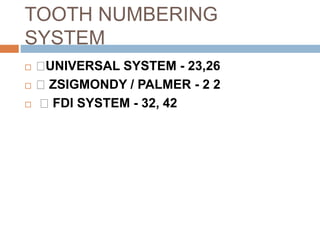 TOOTH NUMBERING
SYSTEM
 UNIVERSAL SYSTEM - 23,26
 ZSIGMONDY / PALMER - 2 2
 FDI SYSTEM - 32, 42
 