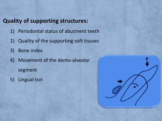 Quality of supporting structures:
1) Periodontal status of abutment teeth

2) Quality of the supporting soft tissues
3) Bone index
4) Movement of the dento-alveolar

segment
5) Lingual tori

 
