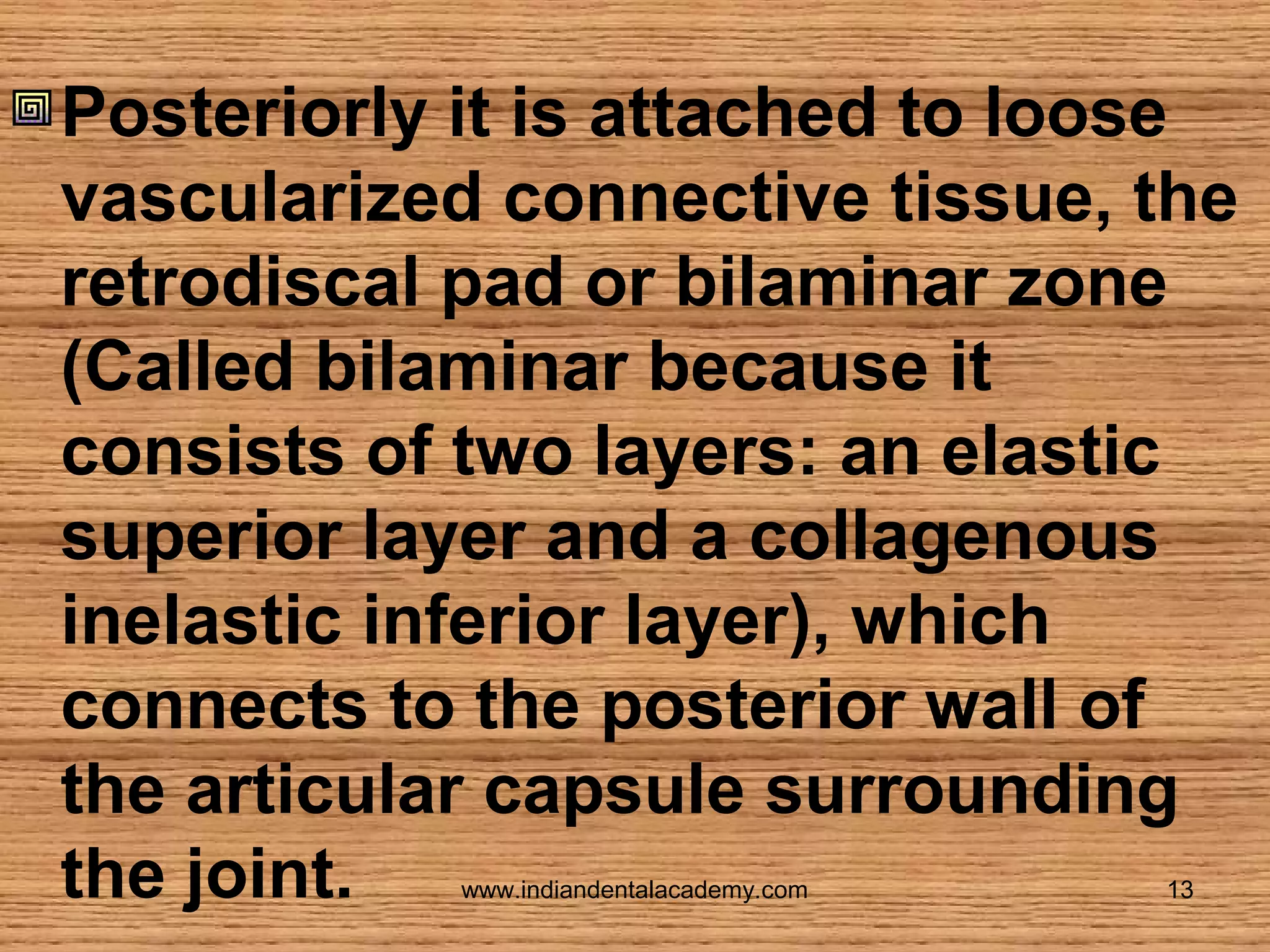 Posteriorly it is attached to loose
vascularized connective tissue, the
retrodiscal pad or bilaminar zone
(Called bilaminar because it
consists of two layers: an elastic
superior layer and a collagenous
inelastic inferior layer), which
connects to the posterior wall of
the articular capsule surrounding
the joint.
www.indiandentalacademy.com

13

 