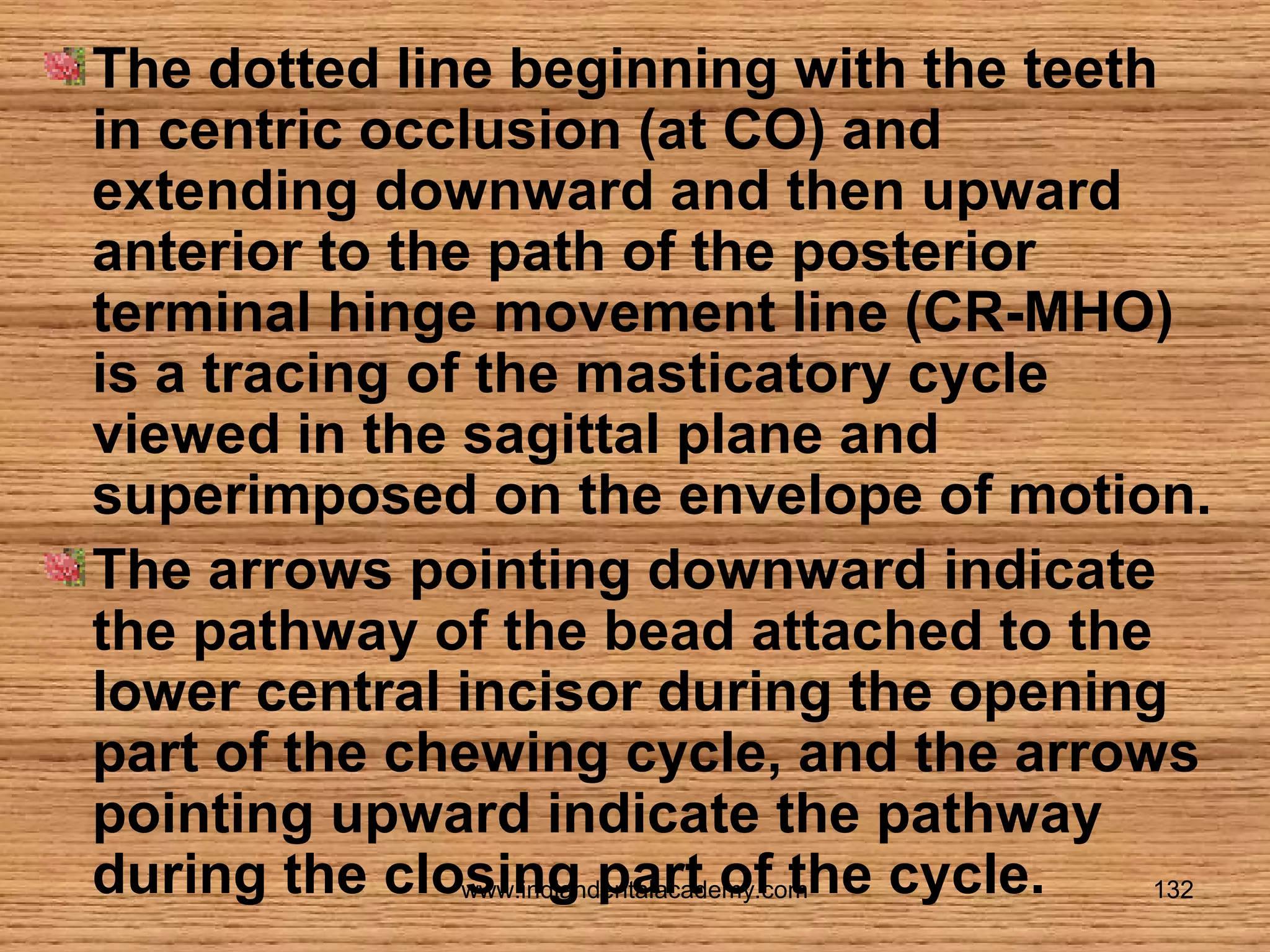 The dotted line beginning with the teeth
in centric occlusion (at CO) and
extending downward and then upward
anterior to the path of the posterior
terminal hinge movement line (CR-MHO)
is a tracing of the masticatory cycle
viewed in the sagittal plane and
superimposed on the envelope of motion.
The arrows pointing downward indicate
the pathway of the bead attached to the
lower central incisor during the opening
part of the chewing cycle, and the arrows
pointing upward indicate the pathway
during the closing part of the cycle.
www.indiandentalacademy.com
132

 