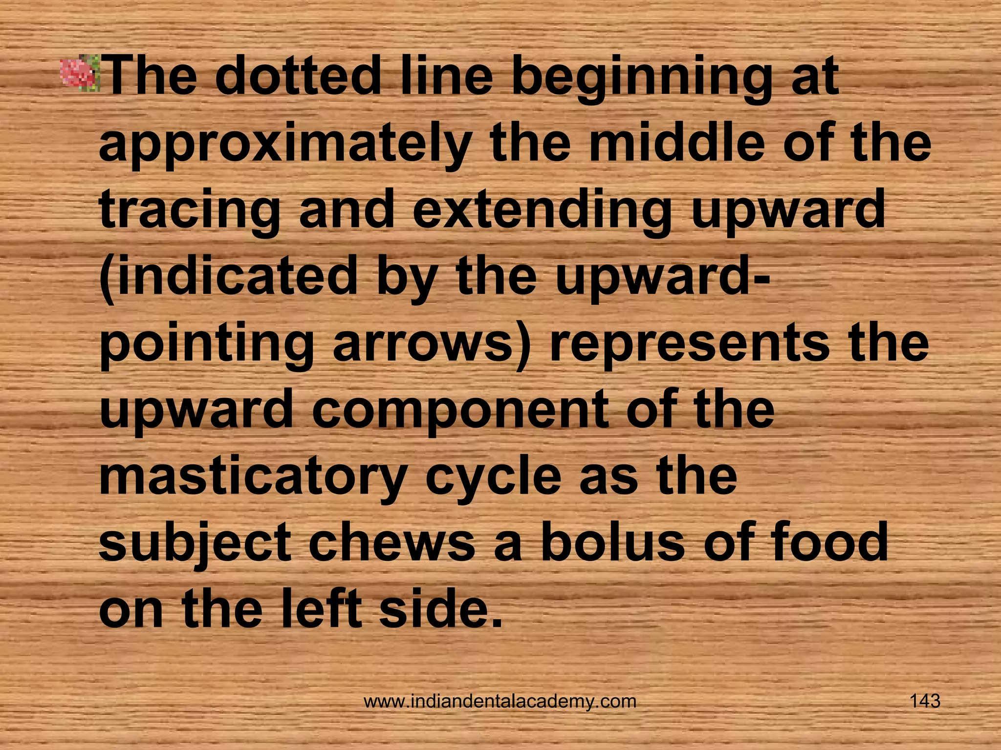 The dotted line beginning at
approximately the middle of the
tracing and extending upward
(indicated by the upwardpointing arrows) represents the
upward component of the
masticatory cycle as the
subject chews a bolus of food
on the left side.
www.indiandentalacademy.com

143

 