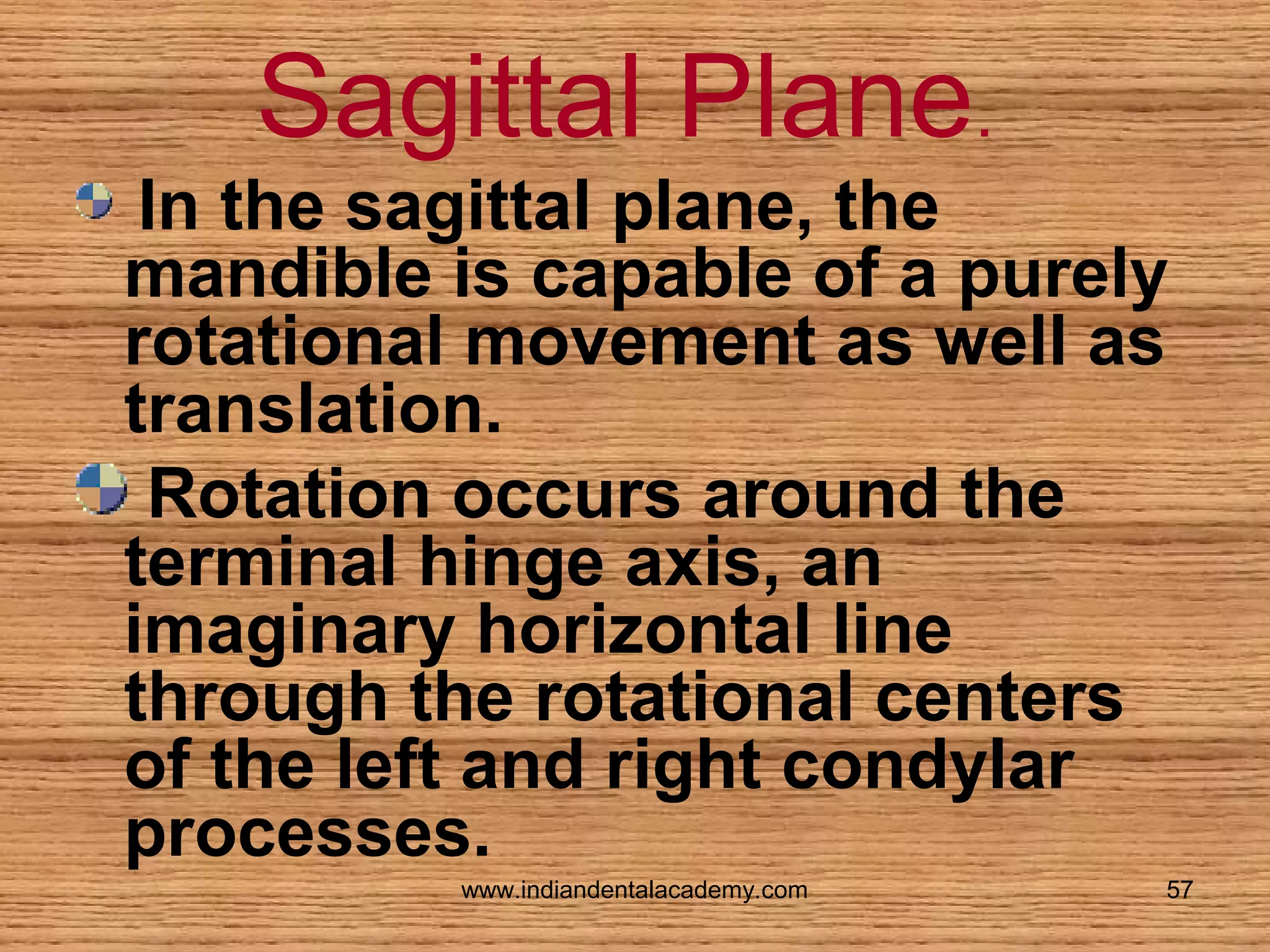 Sagittal Plane.
In the sagittal plane, the
mandible is capable of a purely
rotational movement as well as
translation.
Rotation occurs around the
terminal hinge axis, an
imaginary horizontal line
through the rotational centers
of the left and right condylar
processes.
www.indiandentalacademy.com

57

 