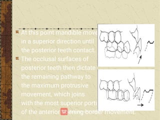 At this point mandible moves
in a superior direction until
the posterior teeth contact.
The occlusal surfaces of
posterior teeth then dictate
the remaining pathway to
the maximum protrusive
movement, which joins
with the most superior portion
of the anterior opening border movement.
 
