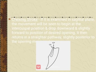 Chewing Stroke:- If it is examined in sagittal plane,
the movement will be seen to begin at the
intercuspal position & drop downward & slightly
forward to position of desired opening. It then
returns in a straighter pathway, slightly posterior to
the opening movement.
 