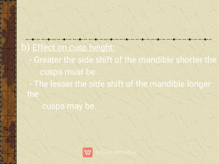 b) Effect on cusp height:
- Greater the side shift of the mandible shorter the
cusps must be.
- The lesser the side shift of the mandible longer
the
cusps may be.
 