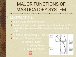 MAJOR FUNCTIONS OF
MASTICATORY SYSTEM
MASTICATION:-
It is the act of chewing food.
Mastication is made up of rhythmic & well controlled
separation & closure of the maxillary & mandibular
teeth.
In frontal plane, it has a ‘tear shaped’ pattern.
It has:- a) Opening Phase
b) Closing Phase –
i) Crushing Phase
ii) Grinding Phase.
 