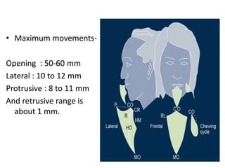 • Maximum movements-
Opening : 50-60 mm
Lateral : 10 to 12 mm
Protrusive : 8 to 11 mm
And retrusive range is
about 1 mm.
 