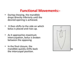 Functional Movements:-
• During chewing, the mandible
drops directly inferiorly until the
desired opening is achieved.
• It then shifts to the side on which
bolus is placed and rises up.
• As it approaches maximum
intercuspation, bolus is broken down
between the opposing teeth.
• In the final closure, the
mandible quickly shifts back to
the intercuspal position.
 