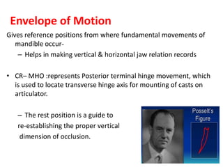 Envelope of Motion
Gives reference positions from where fundamental movements of
mandible occur-
– Helps in making vertical & horizontal jaw relation records
• CR– MHO :represents Posterior terminal hinge movement, which
is used to locate transverse hinge axis for mounting of casts on
articulator.
– The rest position is a guide to
re-establishing the proper vertical
dimension of occlusion.
 