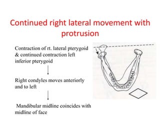 Continued right lateral movement with
protrusion
Contraction of rt. lateral pterygoid
& continued contraction left
inferior pterygoid
Right condyles moves anteriorly
and to left
Mandibular midline coincides with
midline of face
 