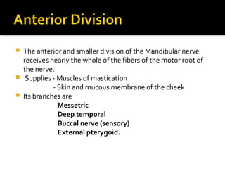 




The anterior and smaller division of the Mandibular nerve
receives nearly the whole of the fibers of the motor root of
the nerve.
Supplies - Muscles of mastication
- Skin and mucous membrane of the cheek
Its branches are
Messetric
Deep temporal
Buccal nerve (sensory)
External pterygoid.

 