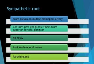 Sympathetic root
From plexus on middle meningeal artery
Contains post ganglionic fibers from
superior cervical ganglion
No relay
Auriculotemporal nerve
Parotid gland
 