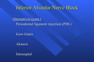 Inferior Alveolar Nerve Block <ul><li>Alternatives (cont.) </li></ul><ul><li>Periodontal ligament injection (PDL) </li></u...