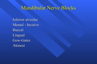 Mandibular Nerve Blocks <ul><li>Inferior alveolar </li></ul><ul><li>Mental - Incisive  </li></ul><ul><li>Buccal </li></ul>...