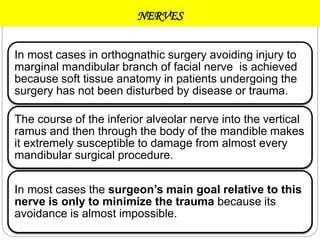 NERVES
In most cases in orthognathic surgery avoiding injury to
marginal mandibular branch of facial nerve is achieved
because soft tissue anatomy in patients undergoing the
surgery has not been disturbed by disease or trauma.
The course of the inferior alveolar nerve into the vertical
ramus and then through the body of the mandible makes
it extremely susceptible to damage from almost every
mandibular surgical procedure.
In most cases the surgeon’s main goal relative to this
nerve is only to minimize the trauma because its
avoidance is almost impossible.
 