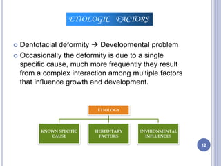  Dentofacial deformity  Developmental problem
 Occasionally the deformity is due to a single
specific cause, much more frequently they result
from a complex interaction among multiple factors
that influence growth and development.
ETIOLOGIC FACTORS
ETIOLOGY
KNOWN SPECIFIC
CAUSE
HEREDITARY
FACTORS
ENVIRONMENTAL
INFLUENCES
12
 