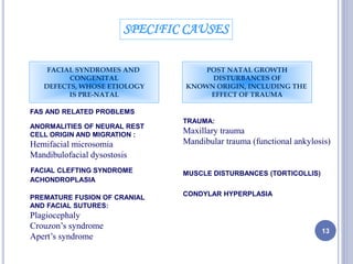 13
FACIAL SYNDROMES AND
CONGENITAL
DEFECTS, WHOSE ETIOLOGY
IS PRE-NATAL
POST NATAL GROWTH
DISTURBANCES OF
KNOWN ORIGIN, INCLUDING THE
EFFECT OF TRAUMA
SPECIFIC CAUSES
FAS AND RELATED PROBLEMS
ANORMALITIES OF NEURAL REST
CELL ORIGIN AND MIGRATION :
Hemifacial microsomia
Mandibulofacial dysostosis
FACIAL CLEFTING SYNDROME
ACHONDROPLASIA
PREMATURE FUSION OF CRANIAL
AND FACIAL SUTURES:
Plagiocephaly
Crouzon’s syndrome
Apert’s syndrome
TRAUMA:
Maxillary trauma
Mandibular trauma (functional ankylosis)
MUSCLE DISTURBANCES (TORTICOLLIS)
CONDYLAR HYPERPLASIA
 