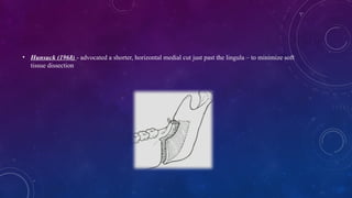 • Hunsuck (1968) - advocated a shorter, horizontal medial cut just past the lingula – to minimize soft
tissue dissection
 